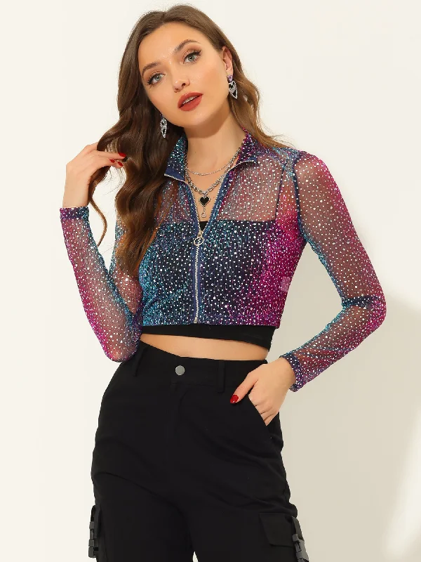 Christmas Sheer Top Glitter Stand Collar Zip Up Cropped Jacket