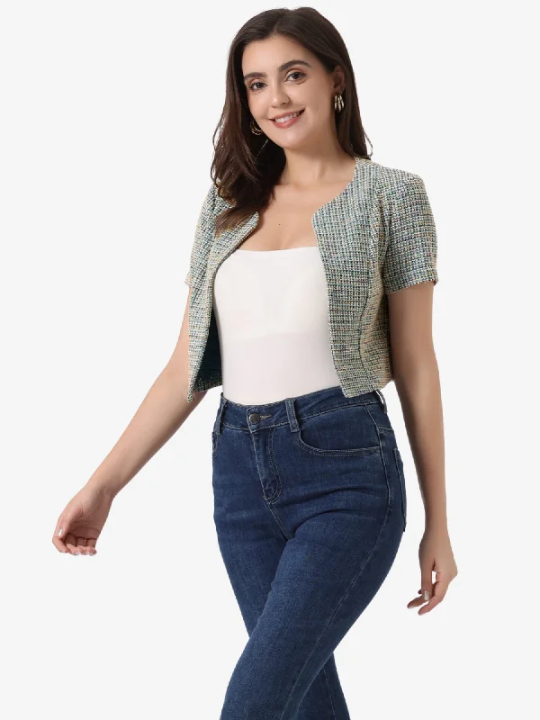 Tweed Open Front Short Sleeve Cropped Jacket