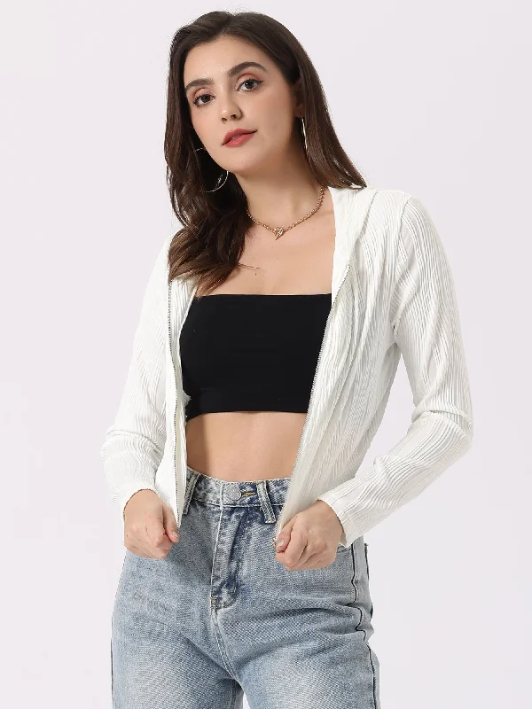 Zip Up Long Sleeve Lightweight Textured Cropped Hoodie Jacket