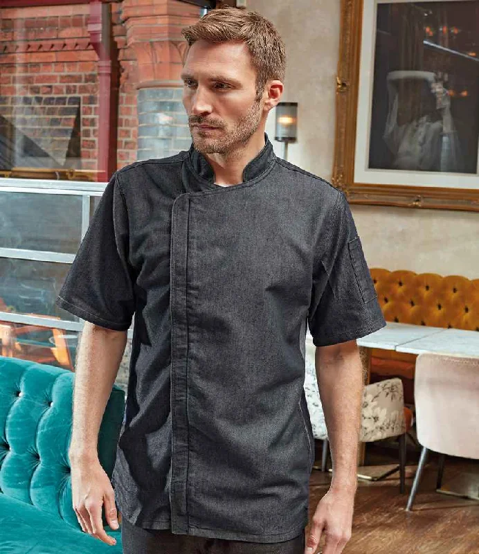 Premier Short Sleeve Zipped Chef's Jacket | Black Denim