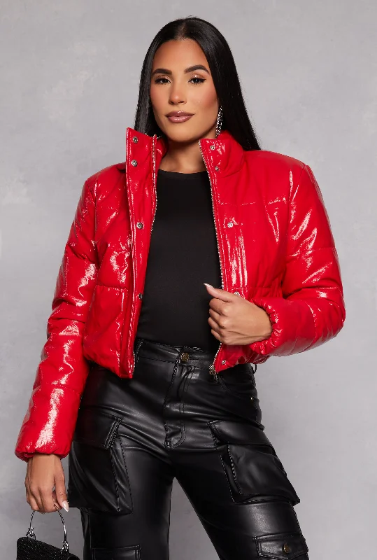 Faux Patent Leather Cropped Puffer Jacket