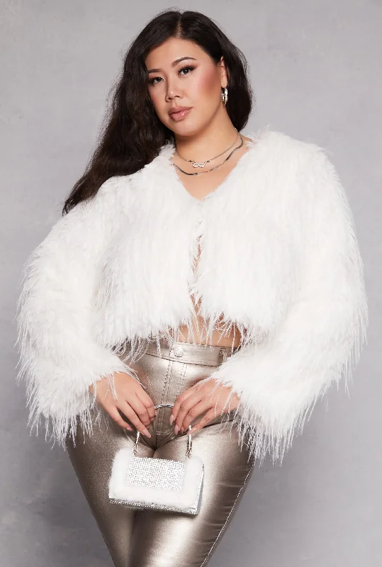 Plus Size Cropped Shaggy Faux Fur Jacket