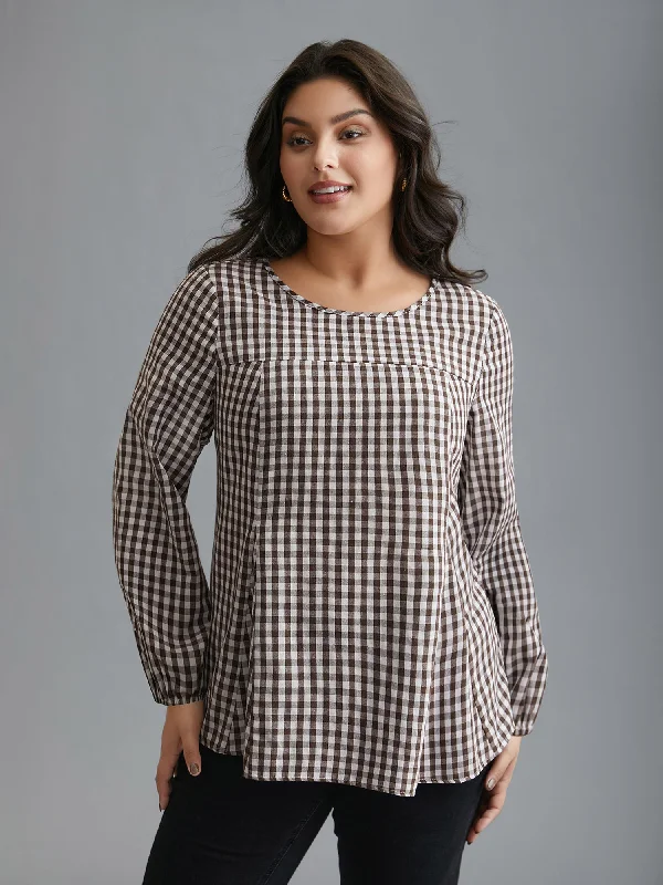 Gingham Elastic Cuff Round Neck Shirt