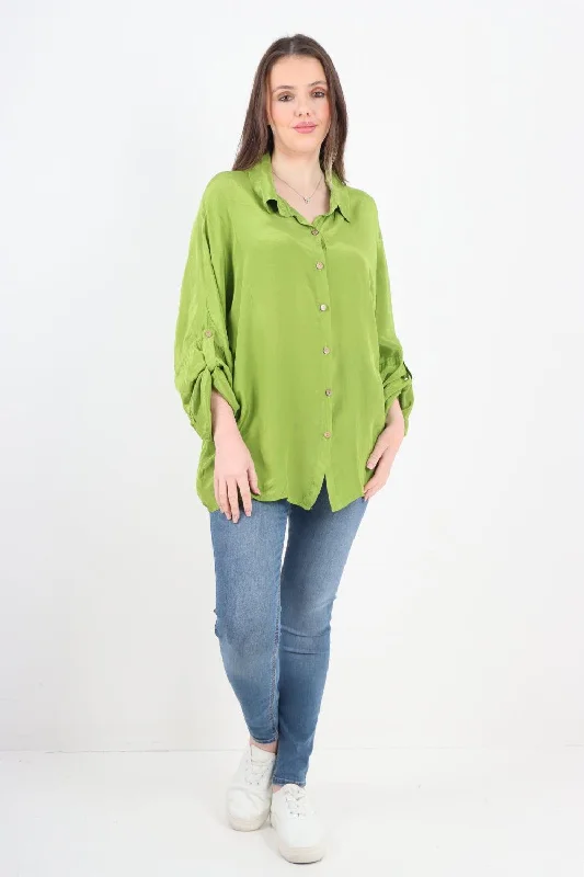 Plain Button Up Silk Shirt Top