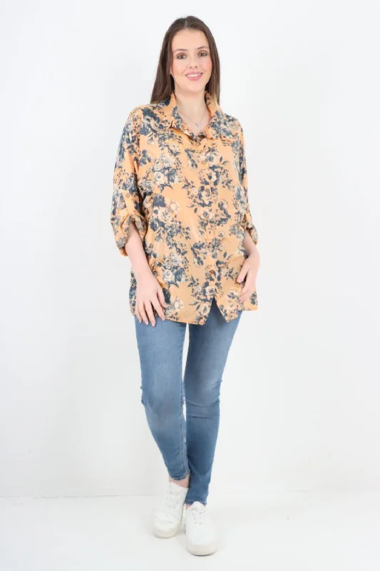 Rose Print Turn Up Sleeves Shirt Top