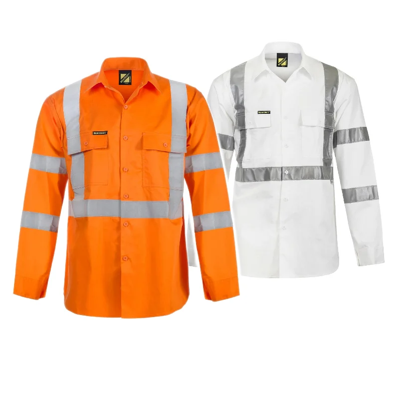 WS3222 HI VIS LONG SLEEVE COTTON DRILL REFLECTIVE SHIRT WITH X PATTERN