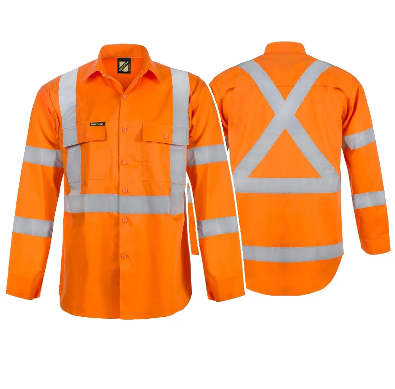 WS6010 LIGHTWEIGHT HI VIS LONG SLEEVE VENTED COTTON DRILL REFLECTIVE SHIRT WITH X PATTERN – NSW RAIL COMPLIANT