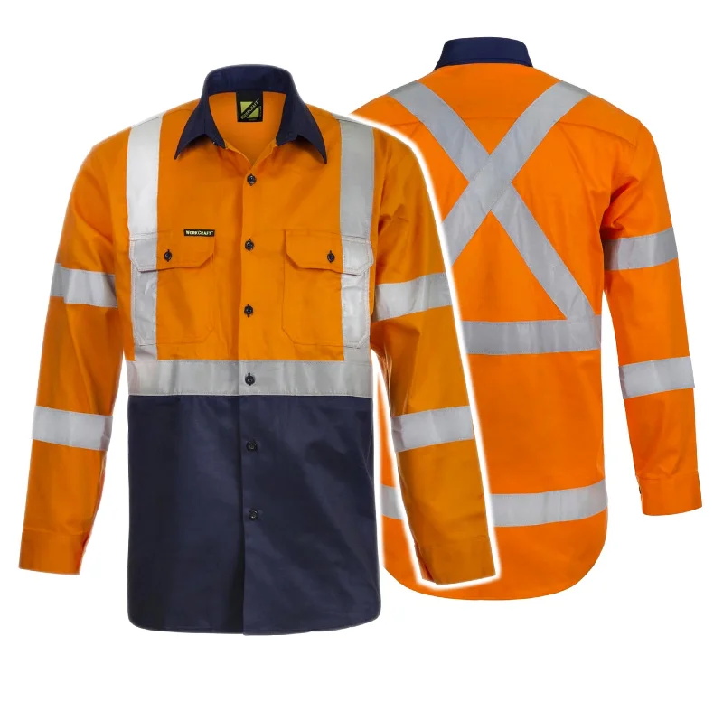 WS6020 HI VIS LONG SLEEVE COTTON DRILL REFLECTIVE SHIRT WITH X PATTERN