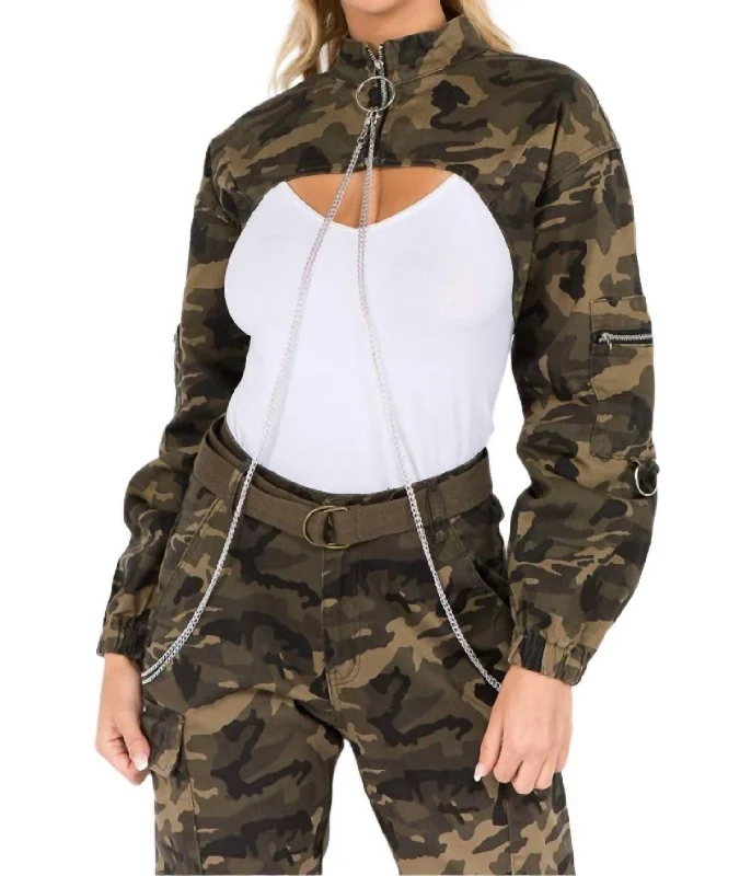 Camouflage Cropped Jacket With Chains In Olive Camo