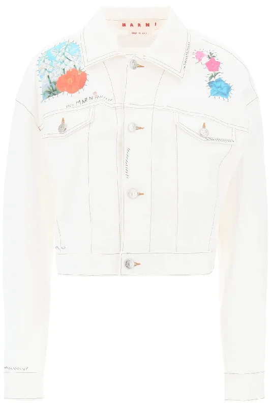 Marni Women's "Cropped blue Jacket With Flower Patches And Embroidery"