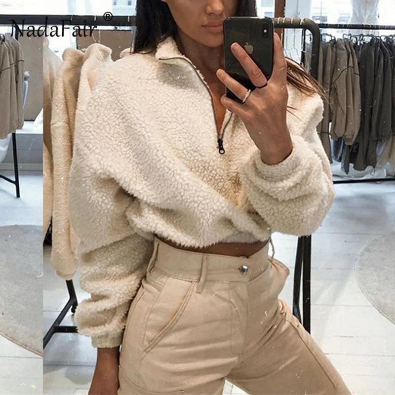 Nadafair Long Sleeve White Cropped Hoodie Women Autumn Winter Pullover Short Sweatshirt Plush Zipper Faux Fur Fluffly Sweatshirt