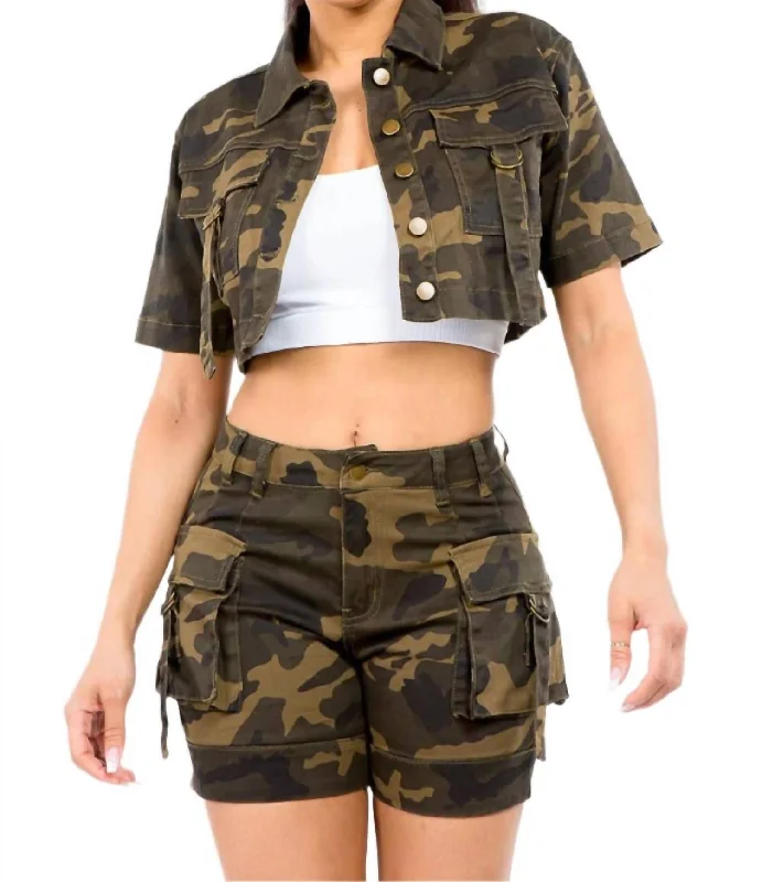 Short Sleeve Cropped Jacket In Olive Camo