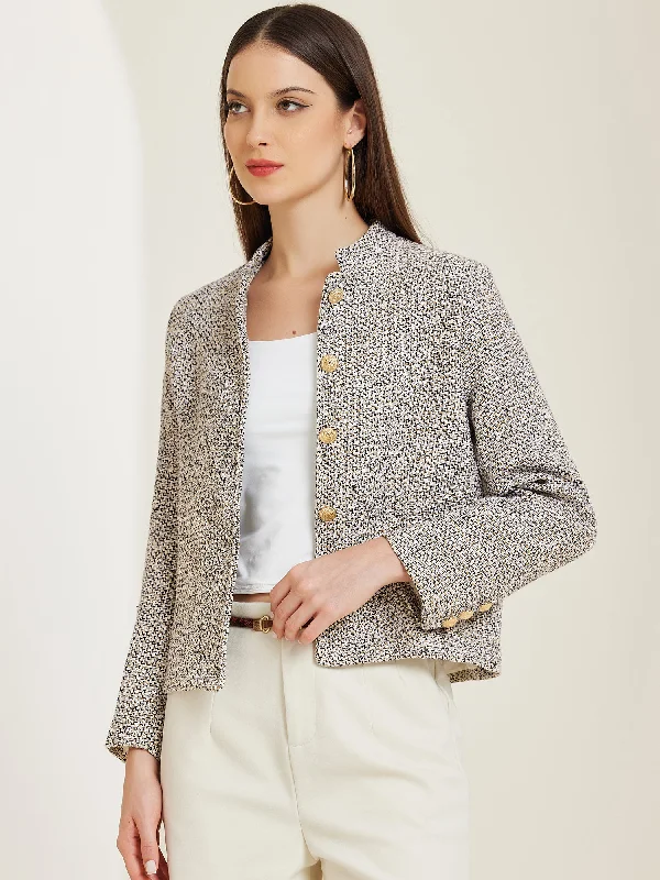 Tweed Stand Collar Long Sleeve Buttoned Cropped Jacket