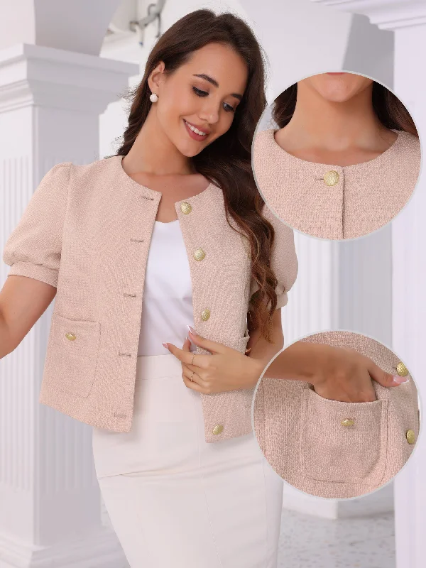 Tweed Puff Short Sleeve Round Neck Cropped Jacket