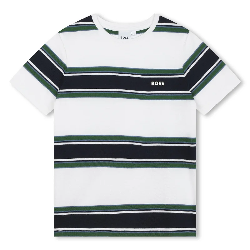 White & Green Striped Logo T-Shirt