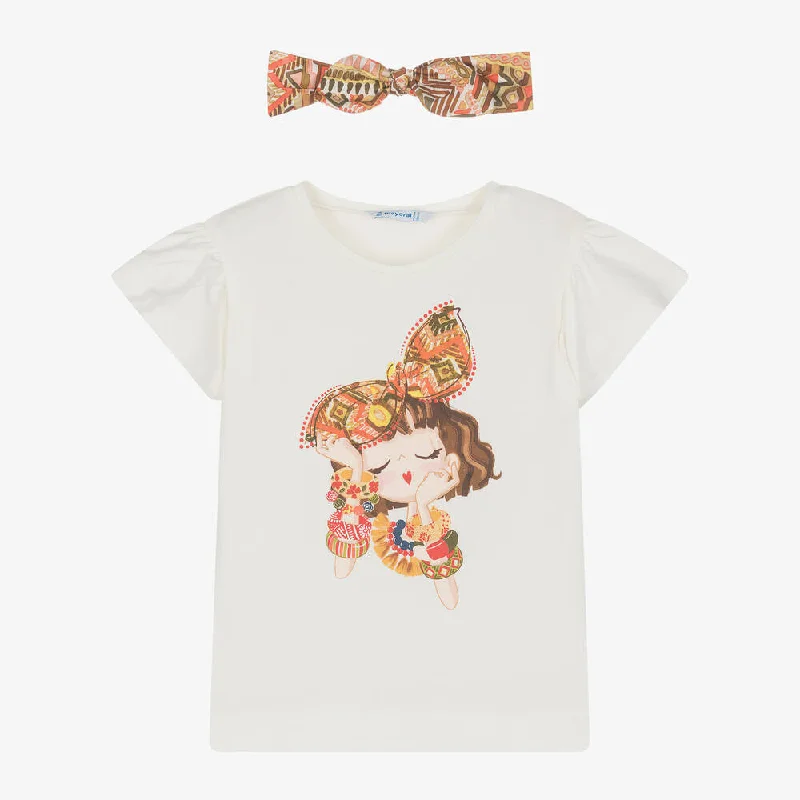 White Floral Bow Graphic T-Shirt & Headband