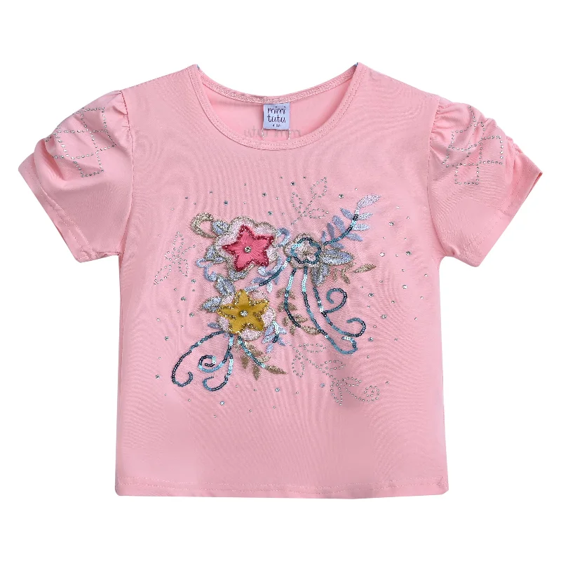 Pink Flowers Applique T-Shirt