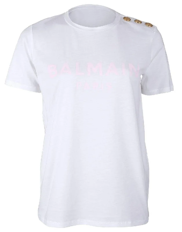 White and Pale Rose Balmain Logo T-Shirt