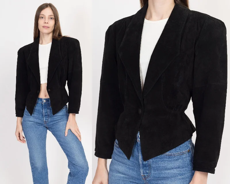 Small 80s New Wave Black Suede Cropped Jacket