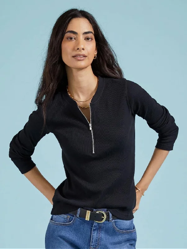 Baukjen Essentials Organic Cotton Long Sleeve Zip Top | Caviar Black