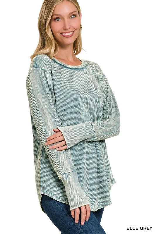 Blue Grey Washed Baby Waffle Long Sleeve Top