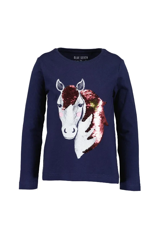 Blue Seven Girl Sequins Unicorn Long Sleeve Top, Navy