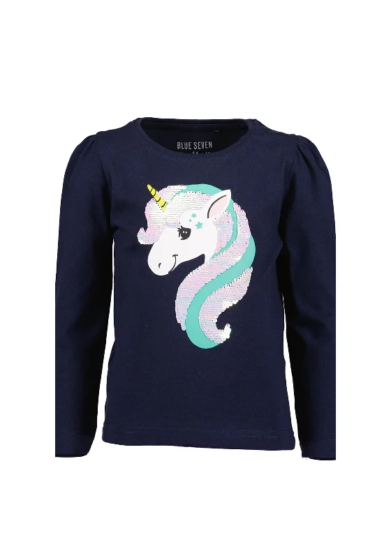 Blue Seven Mini Girl Sequin Unicorn Long Sleeve Top, Navy