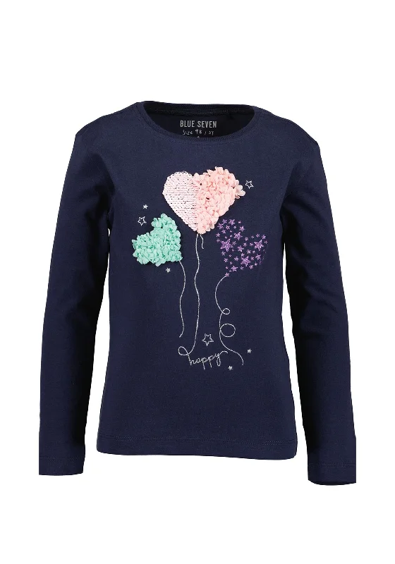 Blue Seven Mini Girl Heart Balloons Long Sleeve Top, Navy