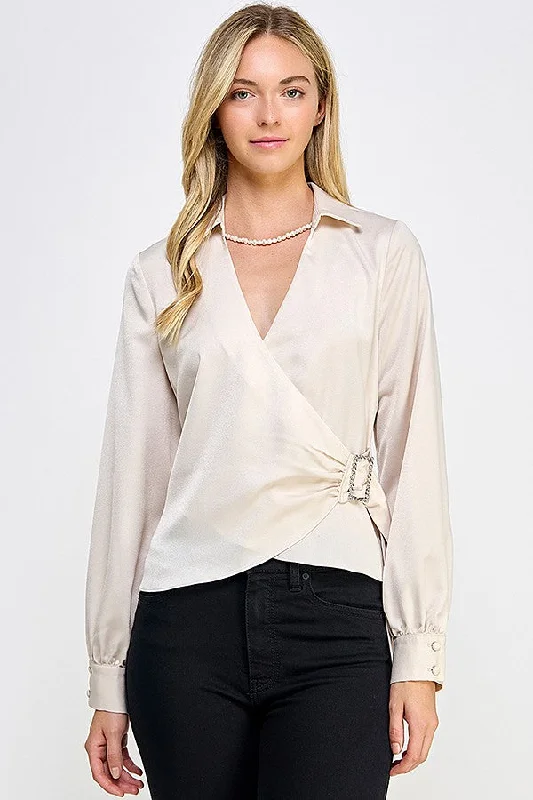 Champagne Long Sleeve Wrap Top With Buckle Trim