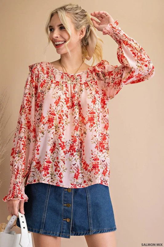 Salmon Mix Printed Smocked Long Sleeve Top