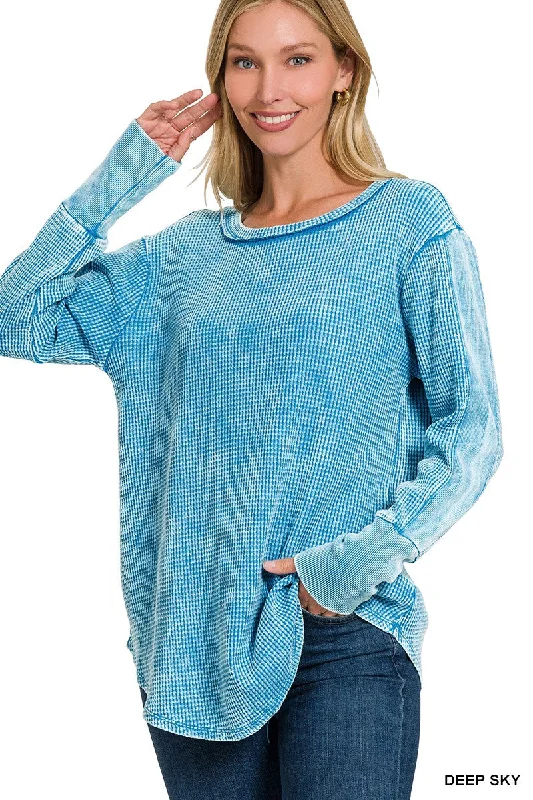 Deep Sky Washed Baby Waffle Long Sleeve Top