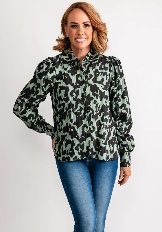 Fransa Jacquard Leopard Long Sleeve Top, Green