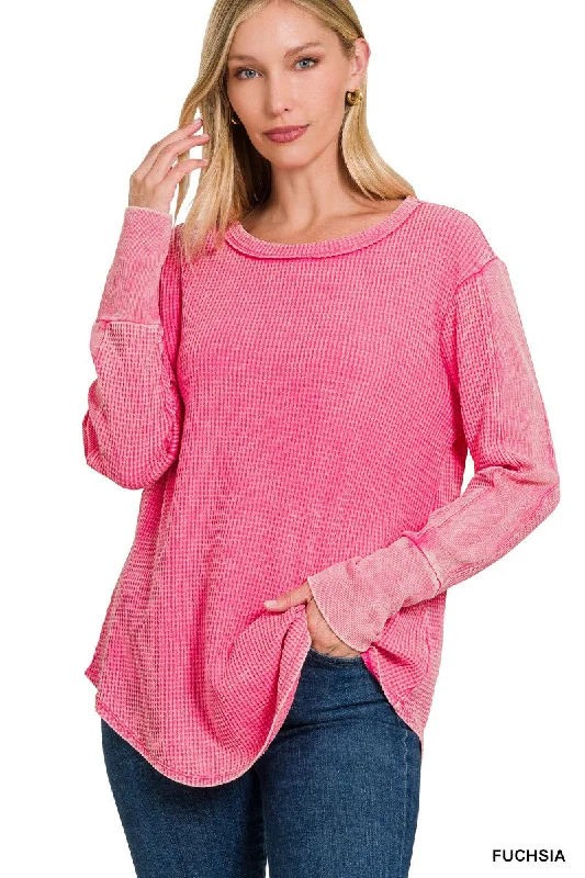 Fuchsia Washed Baby Waffle Long Sleeve Top