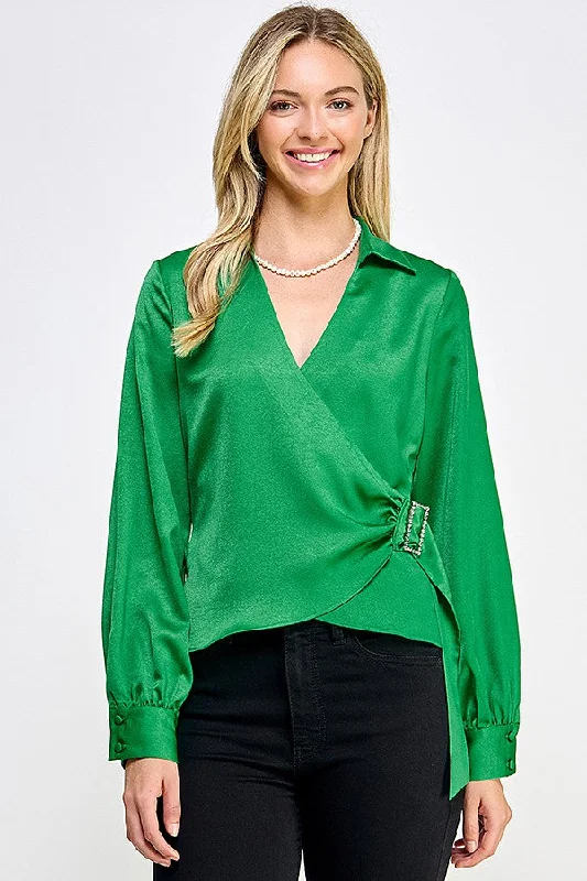 Green Long Sleeve Wrap Top With Buckle Trim