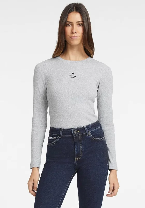 Guess Womens Ribbed Long Sleeve Top, Grey