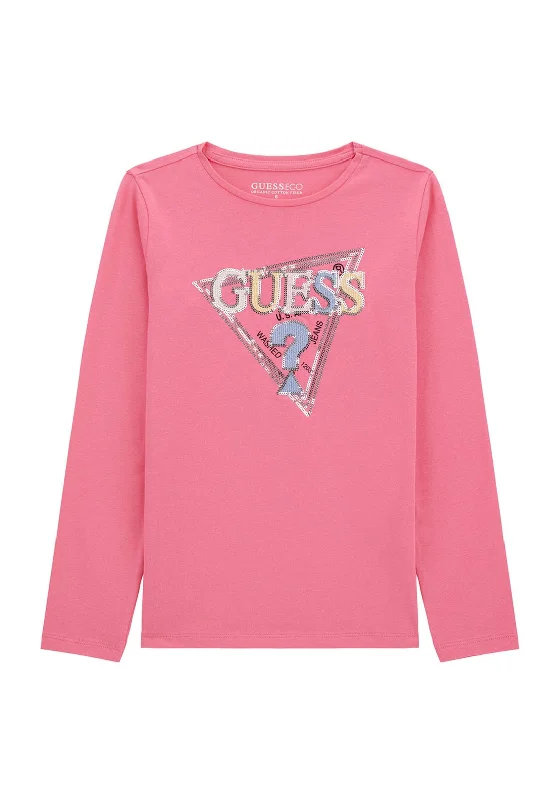 Guess Older Girls Long Sleeve Sequin Top, Pink