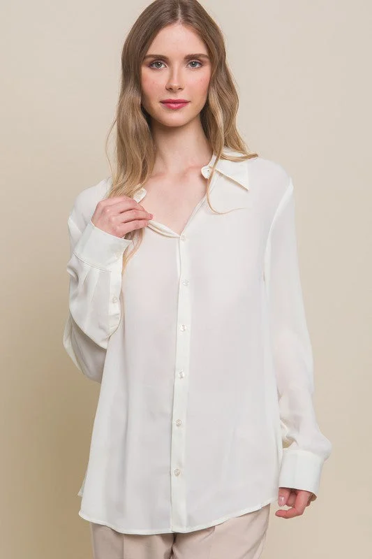 Ivory Woven Long Sleeve Button Down Collared Blouse