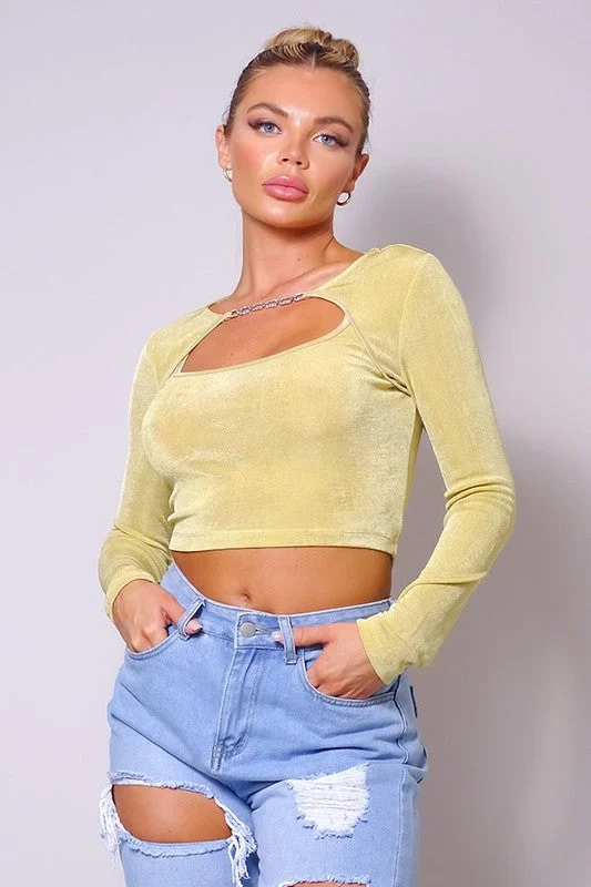 Light Yellow Long Sleeve Chain Trim Front Cutout Top