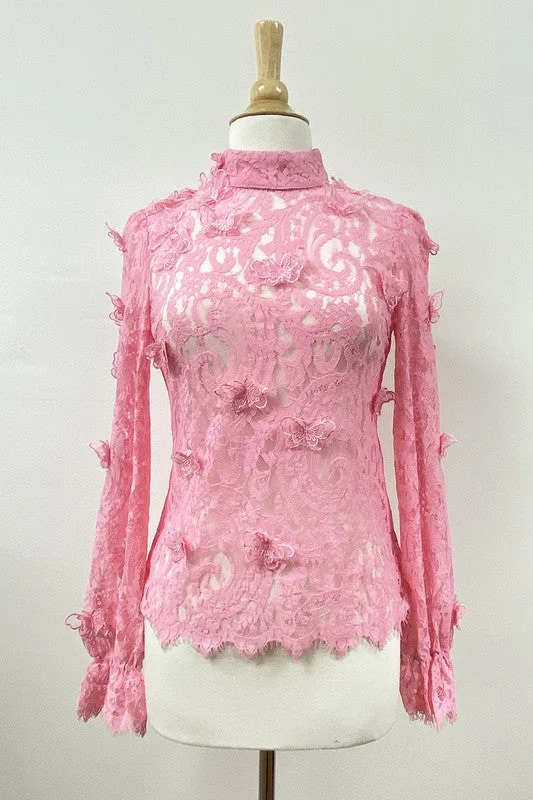 Pink Long Sleeve Mock Neck Butterfly Lace Blouse