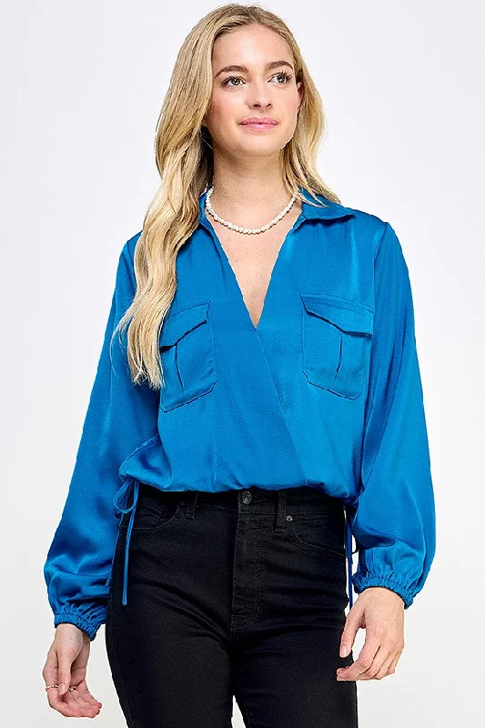 Cerulean Blue Long Sleeve Surplice Collar Top With Pocket