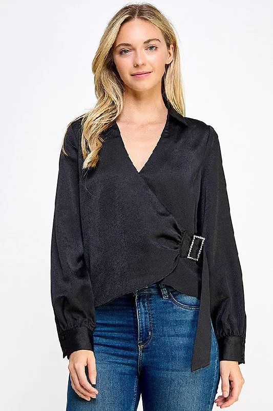 Black Long Sleeve Wrap Top With Buckle Trim