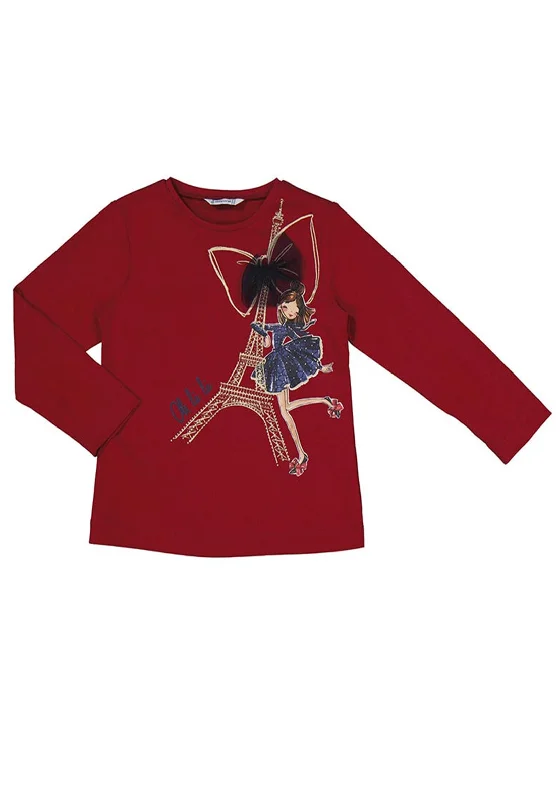 Mayoral Mini Girl Paris Bow Long Sleeve Top, Red