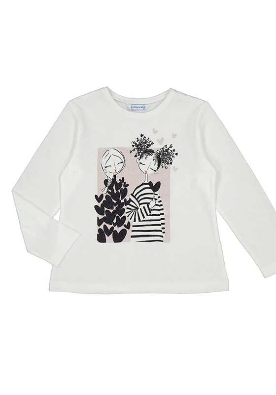 Mayoral Girl Stripe and Heart Long Sleeve Top, White