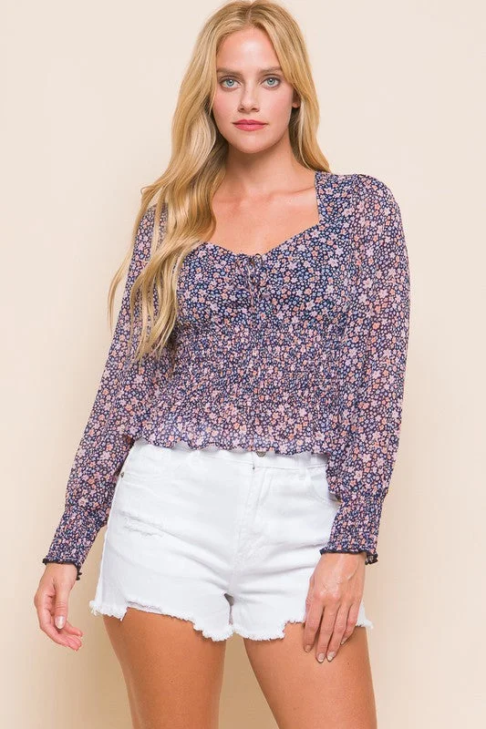 Navy Long Sleeve Floral Print Smocked Blouse