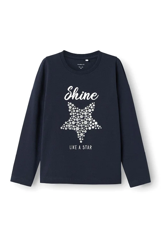 Name It Mini Girl Rstar Glitter Star Long Sleeve Top, Dark Sapphire