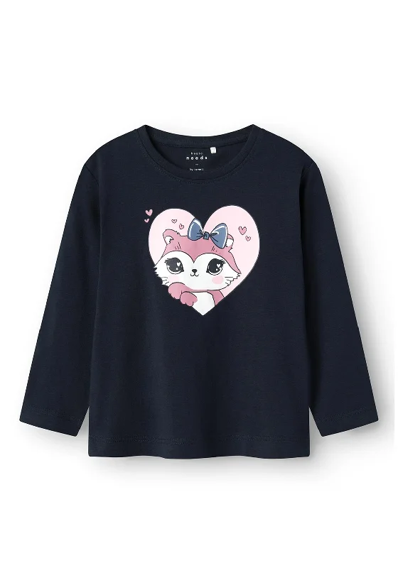 Name It Mini Girl Veen Long Sleeve Heart Top, Dark Sapphire