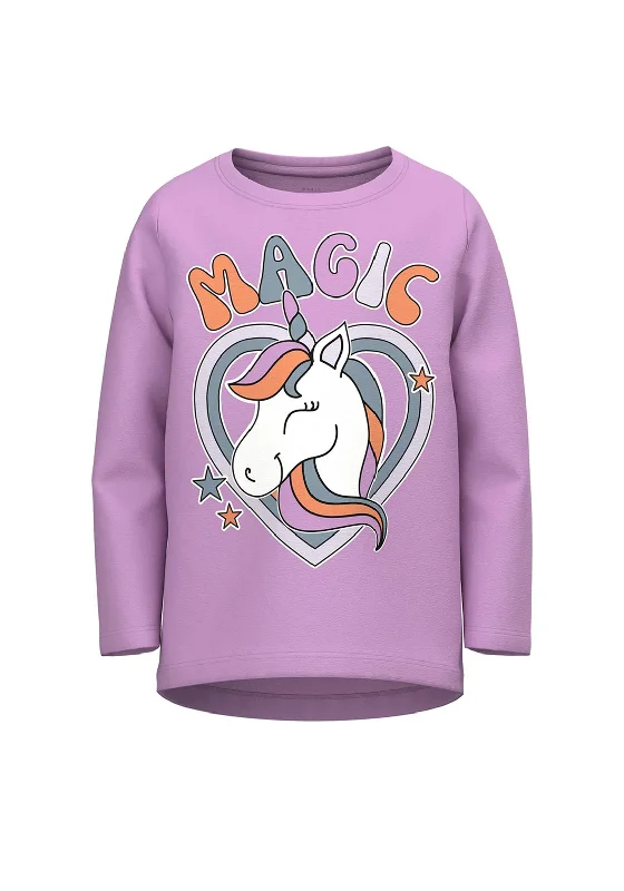 Name It Mini Girl Vix Long Sleeve Unicorn Top, Violet Tulle