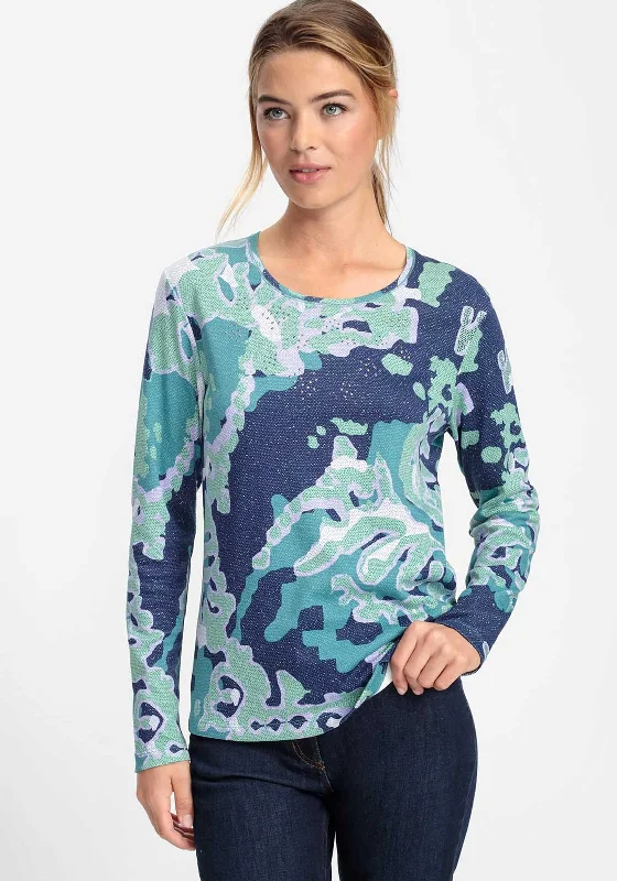 Olsen Abstract Embellished Long Sleeve Top, Blue