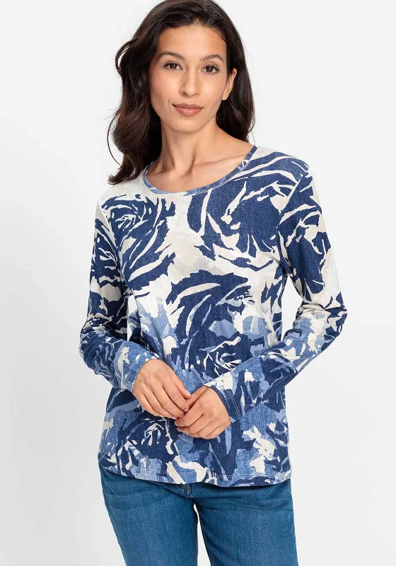 Olsen Abstract Rose Print Long Sleeve Top, Navy