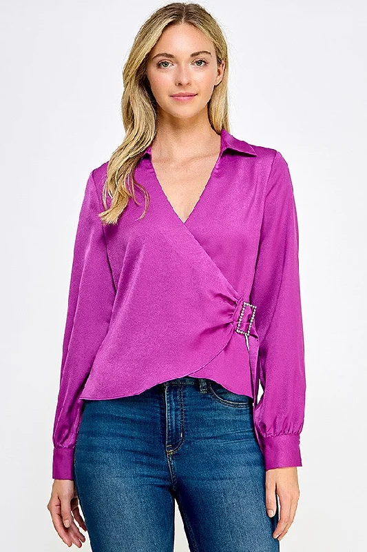 Orchid Long Sleeve Wrap Top With Buckle Trim